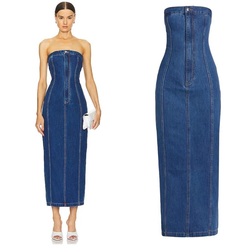 Ronny Kobo Strapless Denim Leopol Midi Dress Size M NWOT - Picture 2 of 6